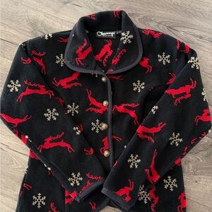 Vintage Obermeyer Fleece Jacket Medium Black Reindeer Snowflake